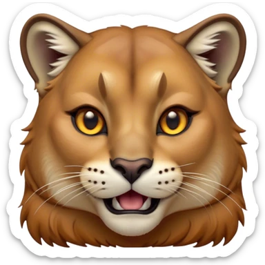 Cinematic Comical Cougar Portrait Emoji, Head tilted dramatically with an exaggeratedly amused expression, featuring a striking tawny Fur with bold dark accents and wide, expressive amber eyes filled with playful disbelief, Simplified yet hilariously expressive features, highly detailed, glowing with a slightly sassy glow, high shine, dramatic yet playful, stylized with an air of cheeky wilderness mischief, bright and endearing, soft glowing outline, capturing the essence of a spirited and over-the-top cougar, so meme-worthy it feels like it could pounce its way into internet fame instantly! sticker