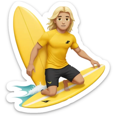 Man surfing on a yellow white board with long blond hair, yellow t-shirt with black Nike logo in center of chest, black baggy sweatpants. sticker