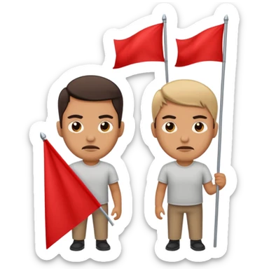 two guys with red flags and a frowning face sticker