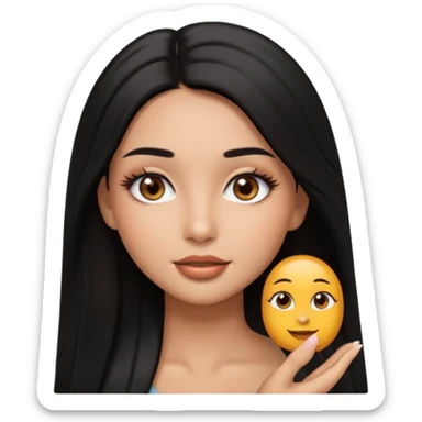 pretty cartoon girl, semi-realistic 3D emoji style, long middle parted straight black hair, tan skin, brown eyes, long eyelashes, soft glam makeup, glossy lips, smooth skin, cute aesthetic,  sticker