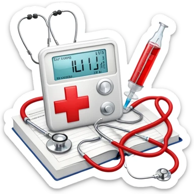 An icon featuring a red cross, a stethoscope, and a syringe, symbolizing medicine. The design includes a medical book, a heartbeat monitor, and a pill, representing the study and practice of healthcare, diagnostics, and treatment. Transparent background highlights the science of healing. sticker
