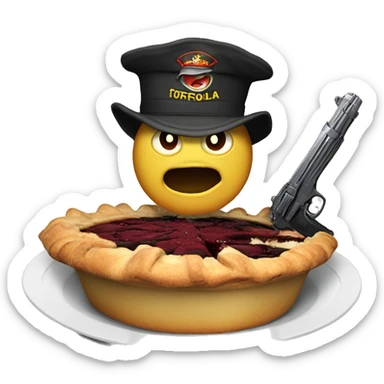 a pie with an angry face, holding two guns, a text saying "TORTAFROLA MANDA" sticker