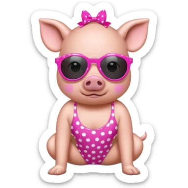 cute pig wearing cool star-shaped sunglasses and polka dot bathing suit on all fours  sticker