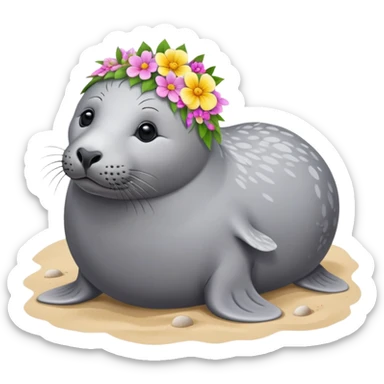 Grey Seal on the beach with the flower pin on the head sticker