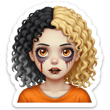 Faça uma garota zumbi de cabelo cacheado preto e uma mecha descolorida meio alaranjada do lado esquerdo sticker