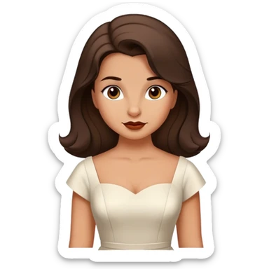 Beautiful woman in 1950’s woman fashion look, white dress, long dark brown hair, wombat sticker