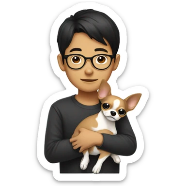 Asian Boy with glasses hugging chihuahua sticker