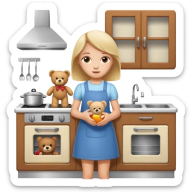 White girl around 10 with teddy bear and toy kitchen  sticker