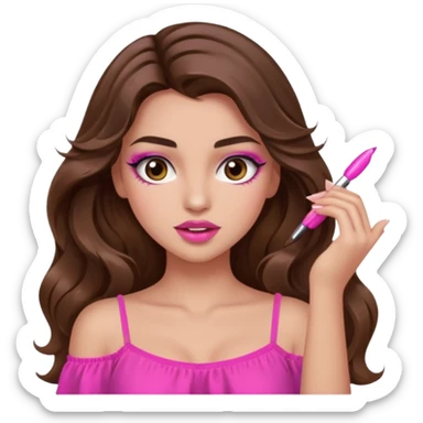 girl with long wavy brown hair, brown eyes, long lashes makeup, sexy pink lips, light to medium complexion, pink sexy top,slapping sticker