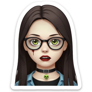 girl zombie with long dark brown straight hair With black eyeglasses and a choker sticker