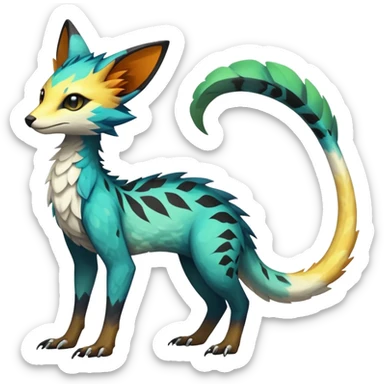 Rare realistic exotic edgy epic pretty beautiful handsome gorgeous aesthetic colorful vibrant Vernid-Trico-species-Fakemon-creature by LiLaiRa, 4 legs, 1 tail, random markings, (full body) sticker