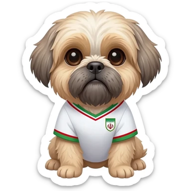 white and light brown shih zhu wearing a Iran soccer jersey v neck 2026 work cup sticker