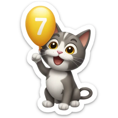 cat with a balloon shaped like the number 7 sticker