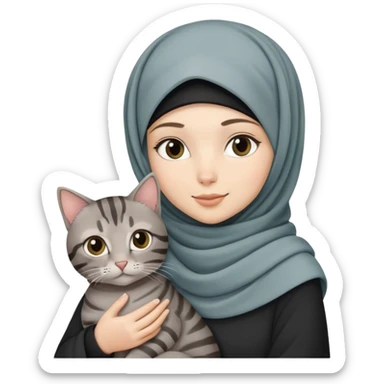 White girl wearing hijab holding a black grey tabby cat sticker