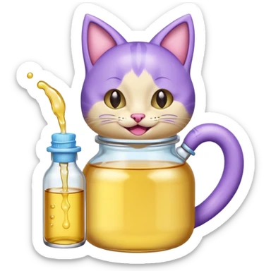 Smiling bottle of oil light purple top and light blue sticking tongue out and with cat ears sticker