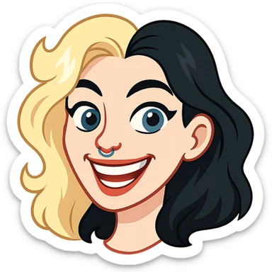 Edit the image in the style of a Telegram sticker. Show the head with hair, blue eyes, very pale skin, a neat nose with piercing. Make the character smile with visible teeth. Do not add any white outline. Remove the background. sticker