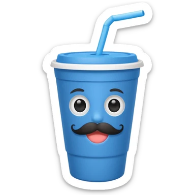 paper blue cup and white straw, the cup has eyes and mouth and mustache sticker