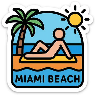 color outline icon of a person sun tanning with Miami beach, palm tree, and sun sticker
