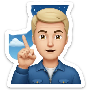 Guy with finger guns pointing in the sky beside his forhead sticker