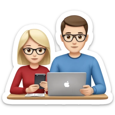 casually dressed stylish  looking husband and wife avatars reviewing their finances together  sticker