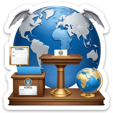 An icon featuring a podium with a speaker, a ballot box with a voting slip, and a globe, symbolizing political science. The design includes scales of justice and a world map in the background, representing governance and global politics. Transparent background highlights political analysis. sticker
