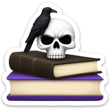 Skull with a bow on the top of the head on top of books with a black raven sticker