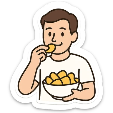 man eating chips, more white, smiling a little, sticker sticker