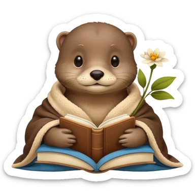 otter cozy in blanket with beige book and flower sticker