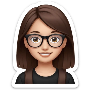 une ado, brune aux cheuveux tres fonces longs lisses blanche, ,lunettes carres noires, yeux bruns fonces joues rose sticker