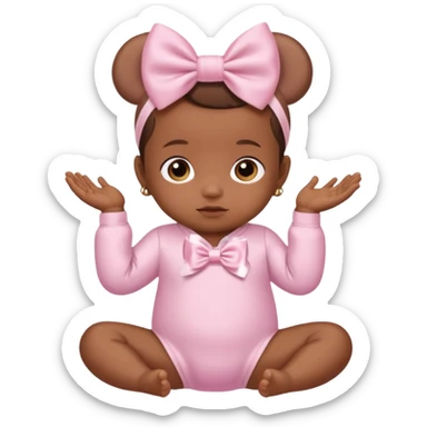 Brown skin baby with satin baby pink onesie and white bow sticker