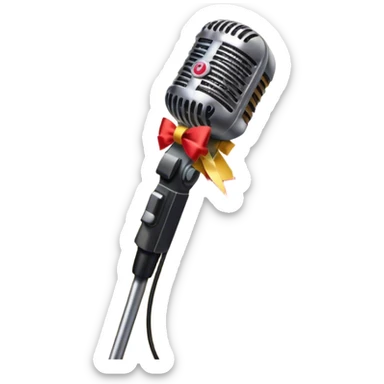 Create a vibrant and dynamic emoji that represents pop vocal performance without people. The design should feature a close-up of a classic stage microphone (retro-style) with a lanyard, set against a stage background. Add concert lighting, a celebratory salute of confetti or fireworks in the background, and musical notes forming a ribbon, symbolizing the performance and creativity of pop vocals. Include subtle elements like a formal stage costume to emphasize the professional aspect. Use bright, bold colors like gold, red, and neon to reflect the energetic and glamorous nature of pop vocal performance. The background should be transparent. sticker