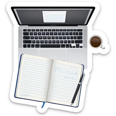 top view of a MacBook and a notebook with a pen nearby, notebook with visible notes sticker