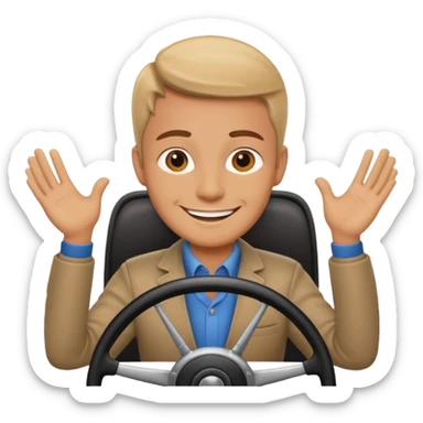 driver with simple face at steering wheel, smiling sticker
