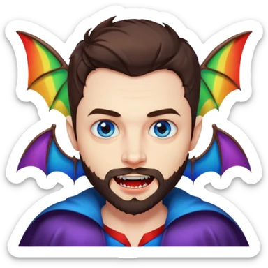 Vampire with blue eyes, short brown hair, short beard/scruff and fangs. rainbow color bats behind him sticker