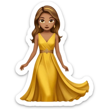Woman using a long elegant yellow dress. She has medium skin tone and a brown with gold makeup sticker