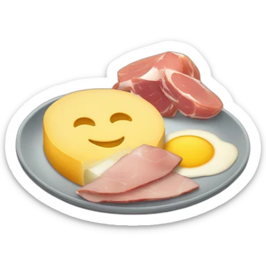 A big Melting raclette cheese in a plate with a little piece of ham and 4 potatoes  sticker