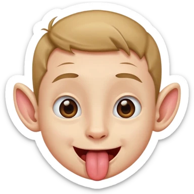 a boy with small eyes with big human ears and with his tongue out sticker