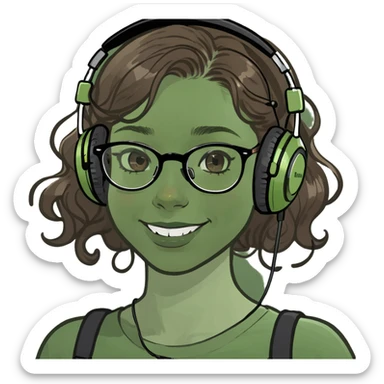 White girl wearing headphones with wavy brown hair and full and layers cut with full cheeks with beauty mark on the left cheek and braces and glasses  sticker