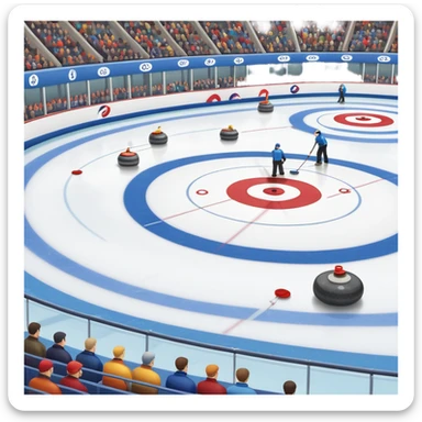 An icon showing a curling match on an indoor ice stadium, with a polished curling stone gliding toward the target and players sweeping. Spectators watch from stands, and flags hang above the rink. Transparent background highlights strategy and focus in the sport of curling. sticker