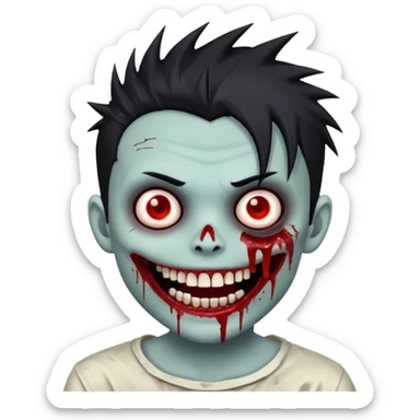 zombie boy with emo spiky hair, white skin, and white eyes; an open smile, and bloodied teeth; sticker