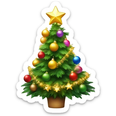 Christmas trees with bright decorations – colorful balls, a golden star on top and a garland emitting soft light. The Christmas tree should be lush and green, convey comfort and festive mood sticker