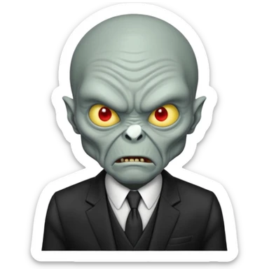 an old alien with black suit, grey skin, angry sticker