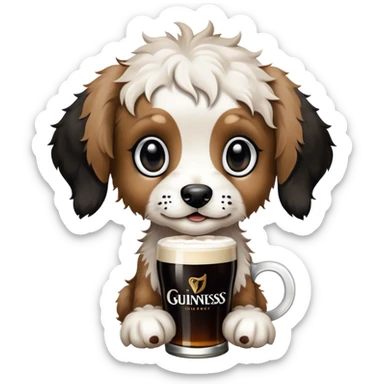 Puppy. Jackapoo. White and black face. Black pointy floppy ears. Black circles around eyes. Holding a Guinness.  sticker