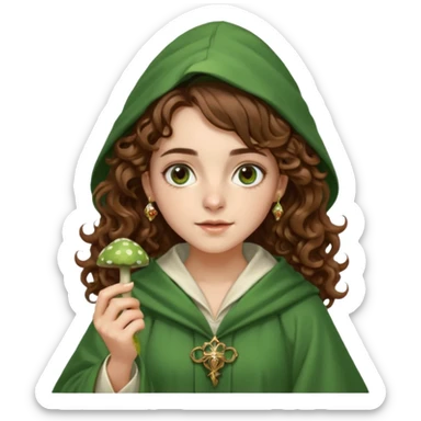 very beautiful italian girl, looking like Emma Watson, with curly and big volume very bright brown hair, and a golden piercing ring in nose on left side, dressed in a beautiful wizard robe of green colors, holding fly mushroom sticker