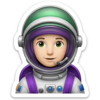 An astronaut wearing a cowboy's hat on his helmet, green and purple accents for the space suit sticker
