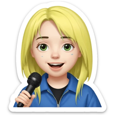 billie eilish is singing, holding mirco and smile sticker