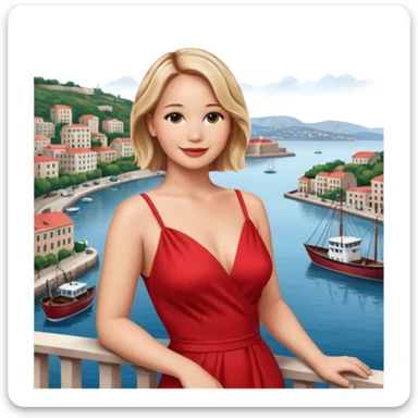 jennifer lawrence, red dress leaning on a balcony with a harbor and cityscape in the background, smiling, closeup sticker