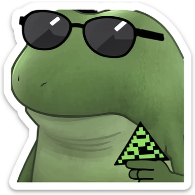 bufo with triangle shaped 8 bit sunglasses full black, confident smile, with a mini full dark powerful orb in his hand sticker