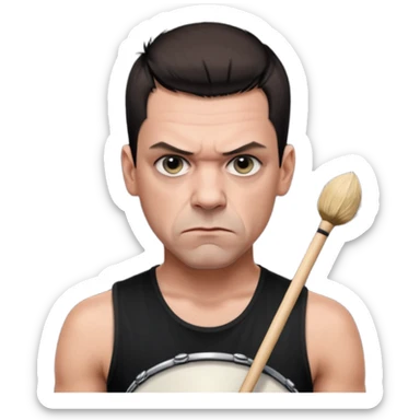 Christoph Schneider, drummer of Rammstein, short hair, serious expression, black tank top sticker
