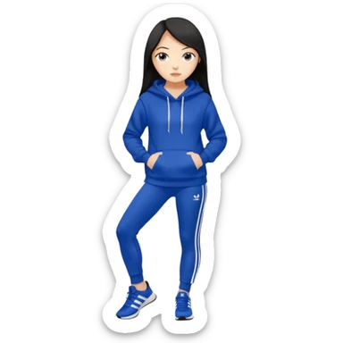 A pretty white/asian tanned girl with medium long strait dark brown almost black hair wearing a royal blue hoodie and leggings with adidas sambad sticker